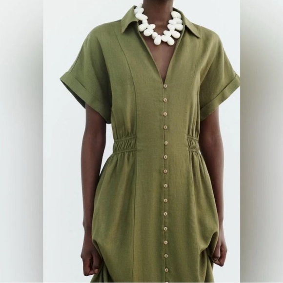 ZARA Dress Midi Shirt Wooden Button Down Olive Green Johnny Collar Elastic Waist - Picture 2 of 10